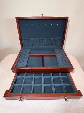 Vintage Wood Jewelry Box with Blue Velvet Interior. Quality.